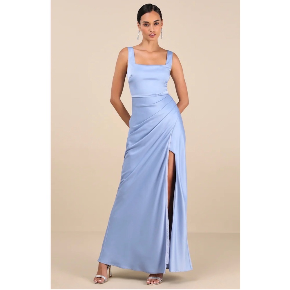 Lulus Light Blue Satin Square Neck Ruched Maxi Dress CLD204023 Woman's Size M